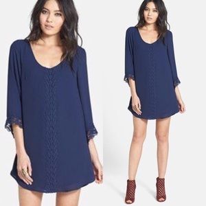 ASTR Lace Trim 3/4 Sleeve Boho Shift Dress Navy XS